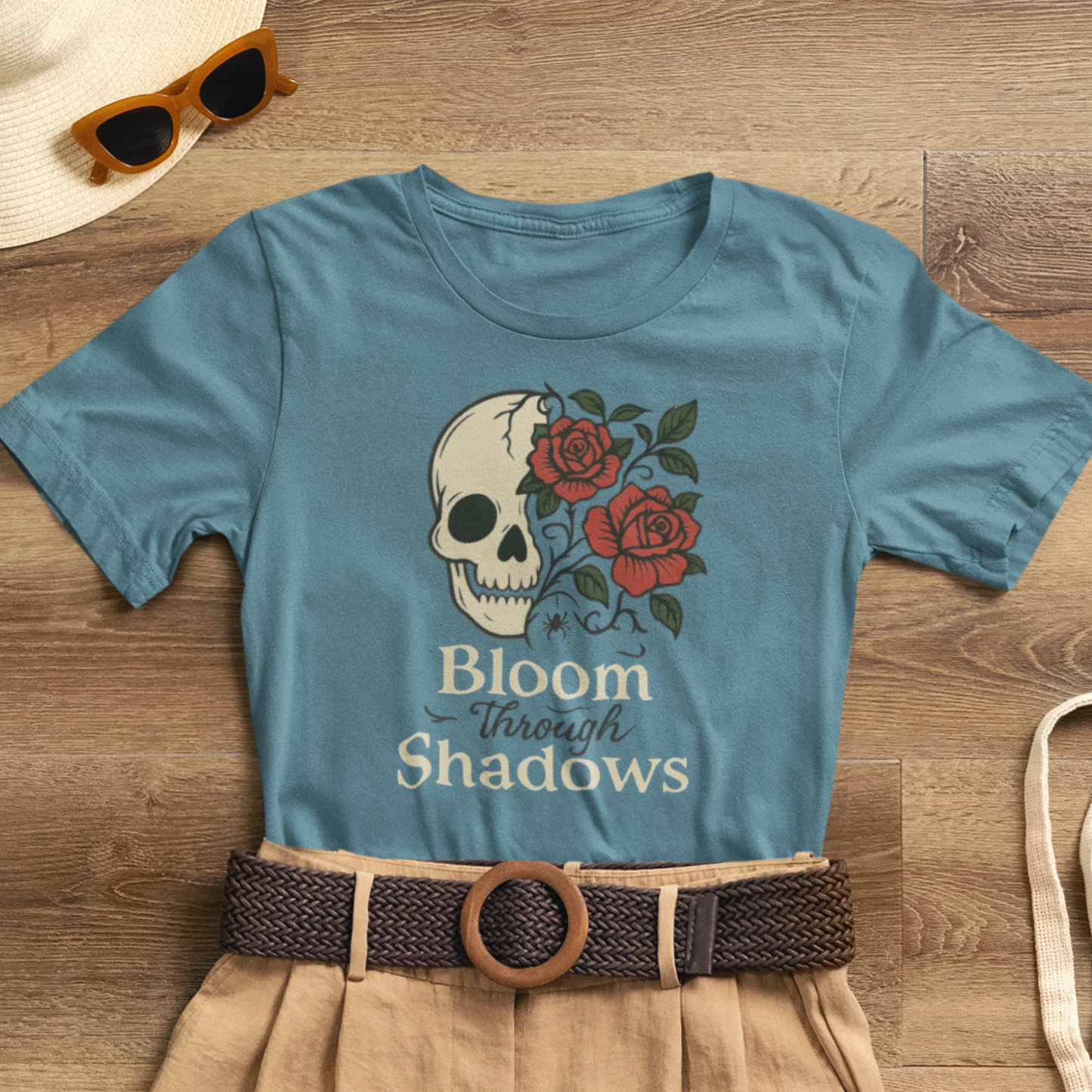 Bloom Through Shadows T-Shirt – Gothic Skull with Roses Empowerment Tee