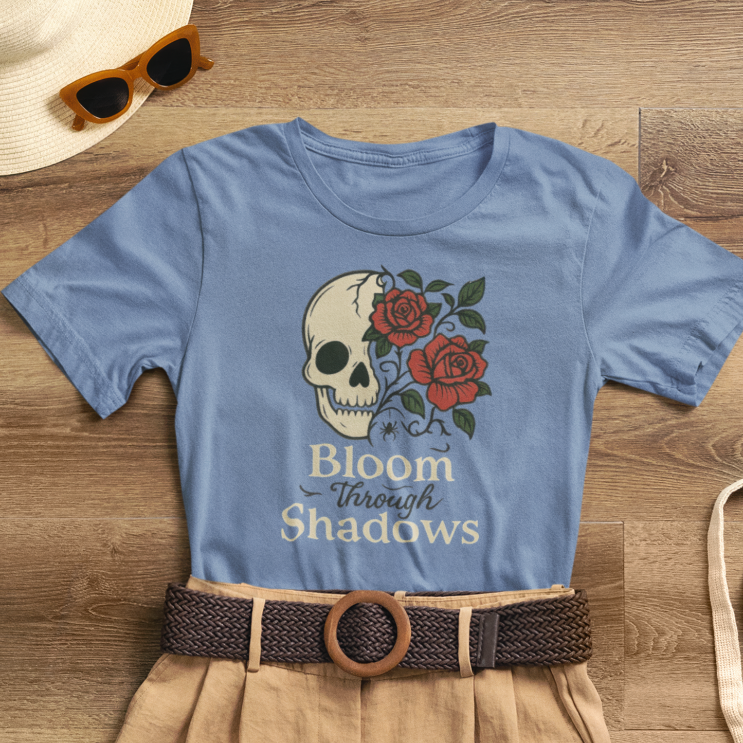 Bloom Through Shadows T-Shirt – Gothic Skull with Roses Empowerment Tee