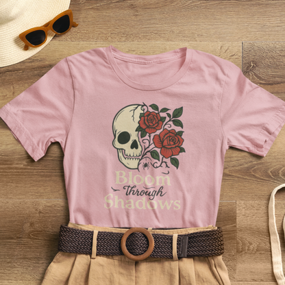 Bloom Through Shadows T-Shirt – Gothic Skull with Roses Empowerment Tee
