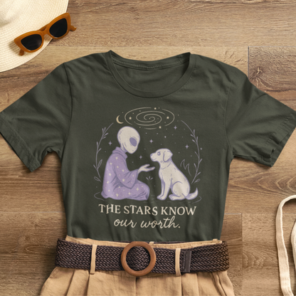 Alien & Dog Cosmic T-Shirt – The Stars Know Our Worth | Celestial Empathy Tee