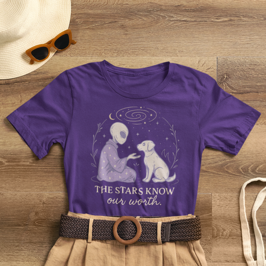 Alien & Dog Cosmic T-Shirt – The Stars Know Our Worth | Celestial Empathy Tee