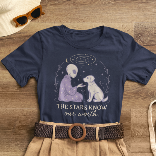 Alien & Dog Cosmic T-Shirt – The Stars Know Our Worth | Celestial Empathy Tee