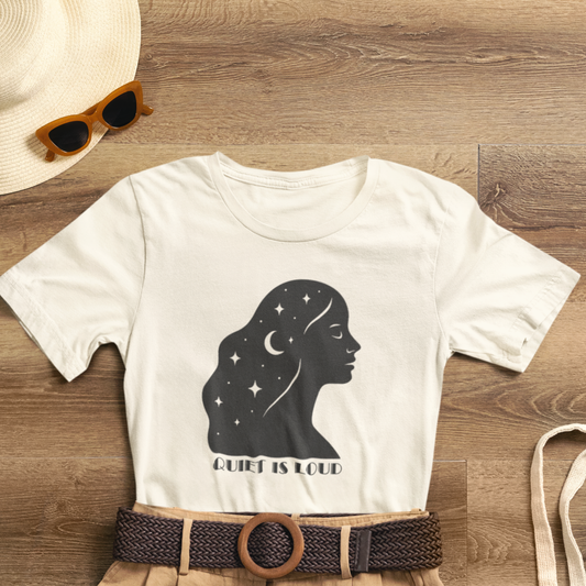 Quiet Is Loud Shirt – Feminine Silhouette Tee, Starry Night Sky Profile T-Shirt, Cosmic Empowerment Top