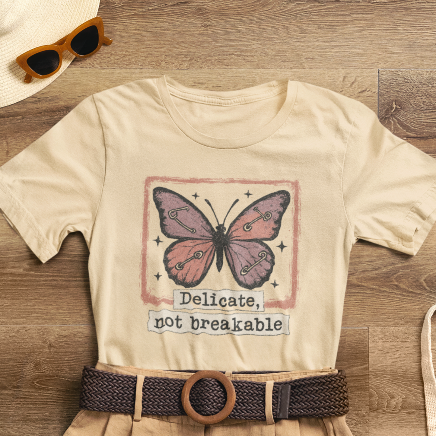 Delicate Not Breakable Butterfly Pocket Tee – Minimalist Affirmation T-Shirt, Self Love & Resilience Quote Shirt