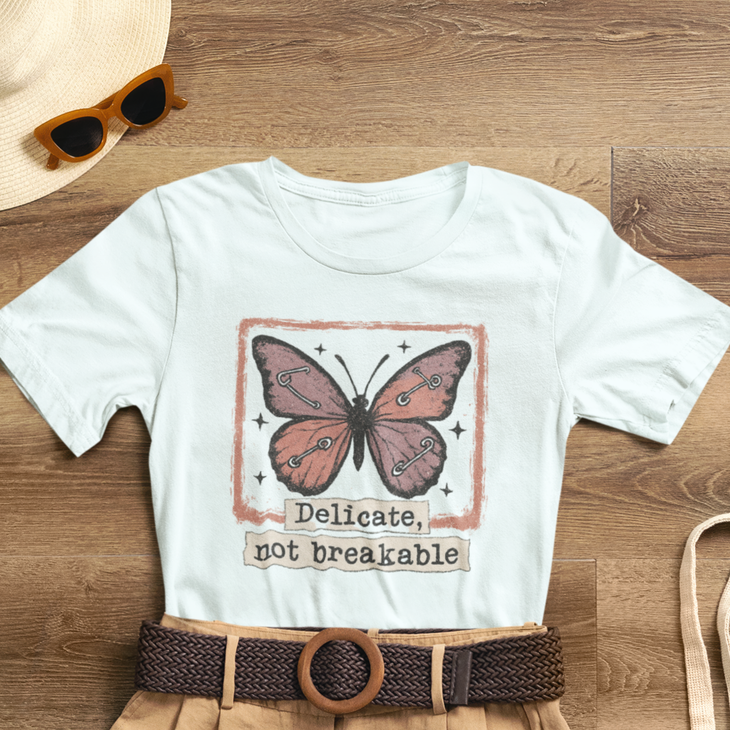 Delicate Not Breakable Butterfly Pocket Tee – Minimalist Affirmation T-Shirt, Self Love & Resilience Quote Shirt