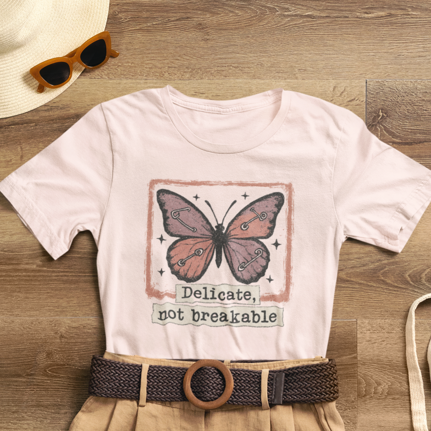 Delicate Not Breakable Butterfly Pocket Tee – Minimalist Affirmation T-Shirt, Self Love & Resilience Quote Shirt