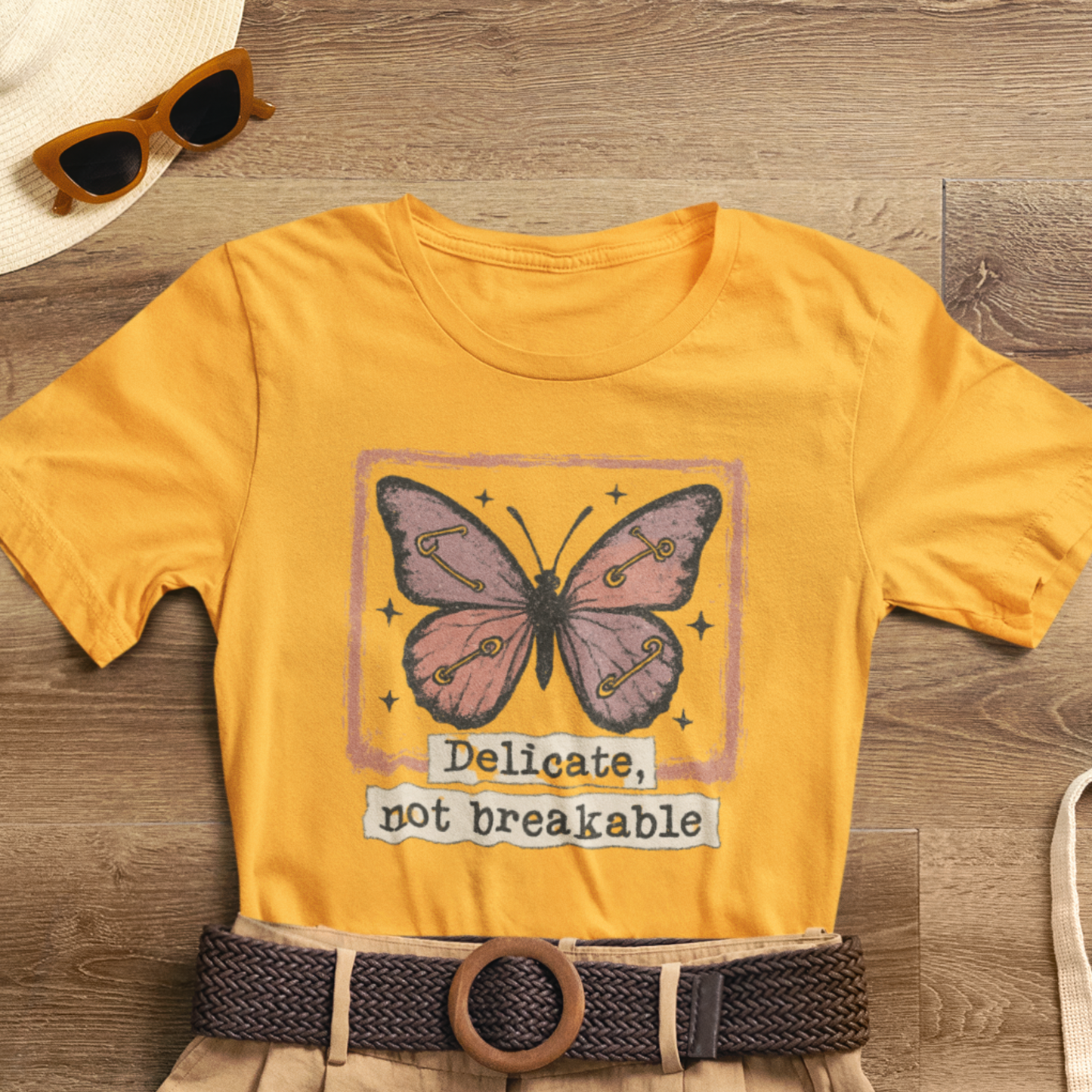 Delicate Not Breakable Butterfly Pocket Tee – Minimalist Affirmation T-Shirt, Self Love & Resilience Quote Shirt