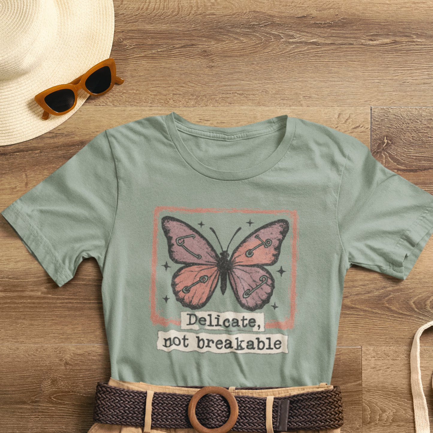 Delicate Not Breakable Butterfly Pocket Tee – Minimalist Affirmation T-Shirt, Self Love & Resilience Quote Shirt