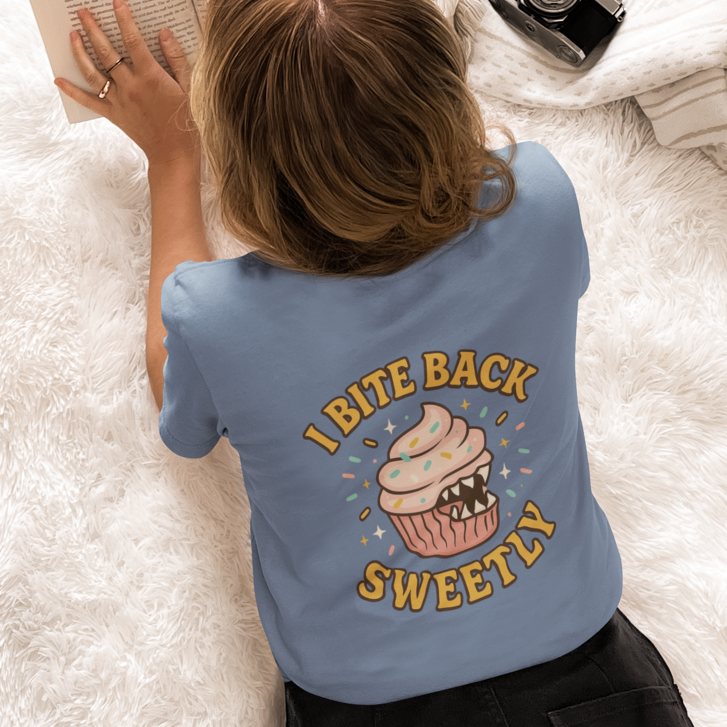 I Bite Back Sweetly Shirt – Front & Back Cupcake Graphic Tee with Sassy Quote