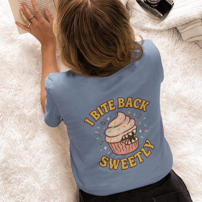 I Bite Back Sweetly Shirt – Front & Back Cupcake Graphic Tee with Sassy Quote