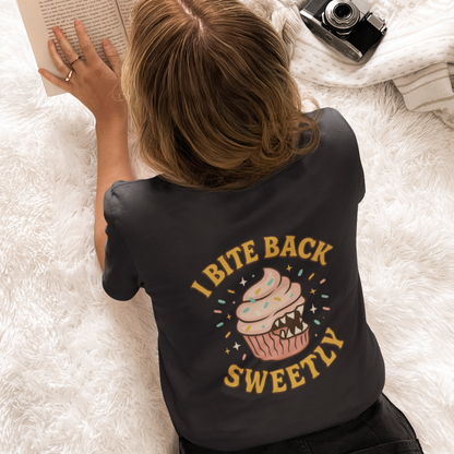 I Bite Back Sweetly Shirt – Front & Back Cupcake Graphic Tee with Sassy Quote