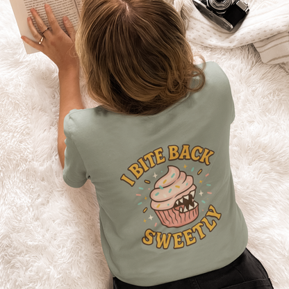 I Bite Back Sweetly Shirt – Front & Back Cupcake Graphic Tee with Sassy Quote