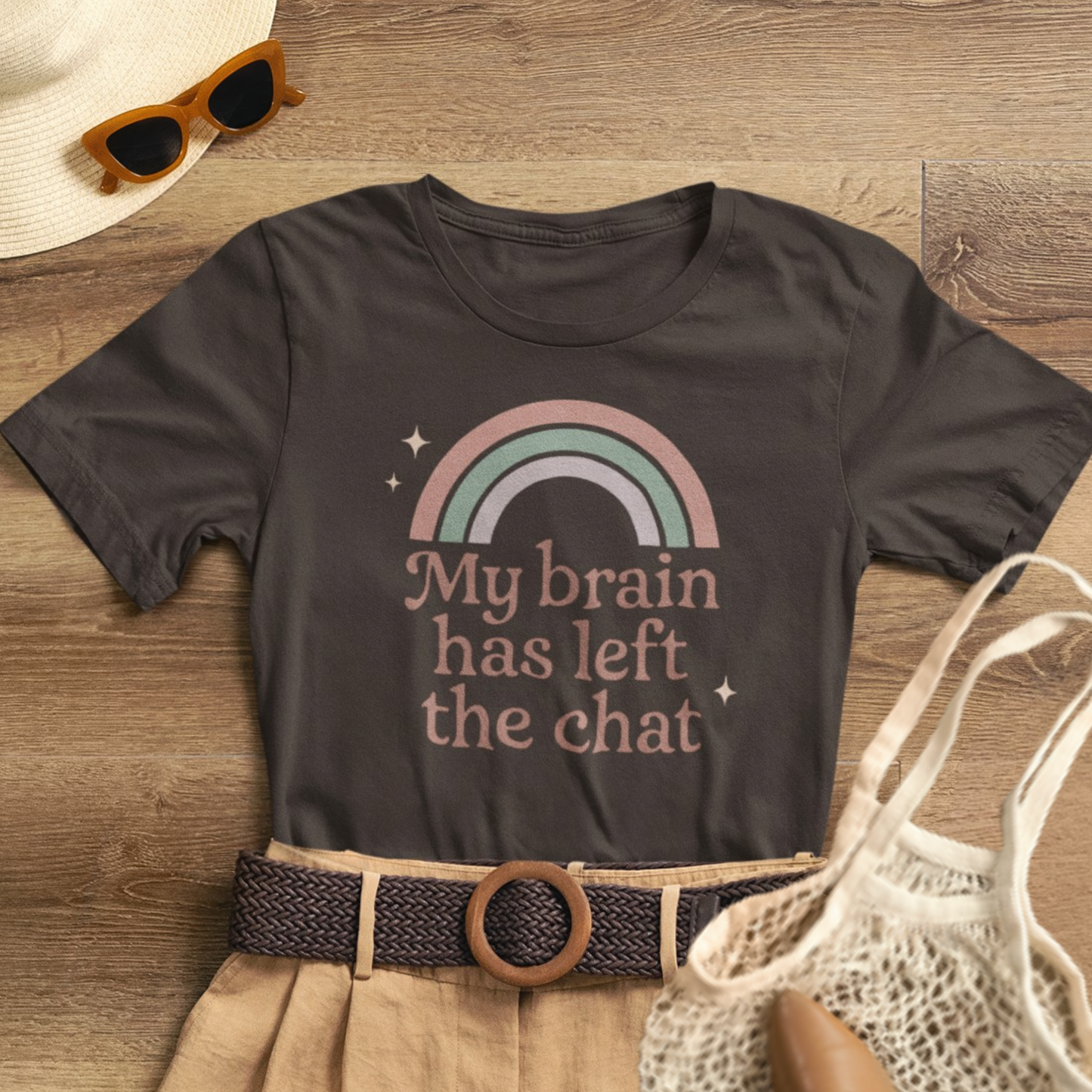 Funny Rainbow Quote T-Shirt – “My Brain Has Left the Chat” Retro Graphic Tee for Introverts & Humor Lovers