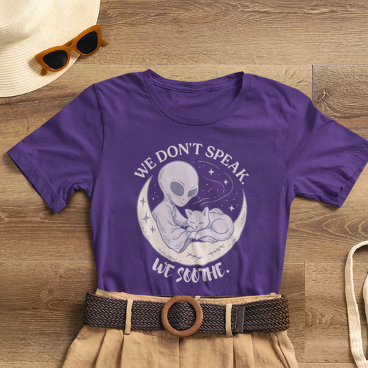 Alien & Cat Moon T-Shirt – We Don’t Speak, We Soothe | Cosmic Comfort Tee