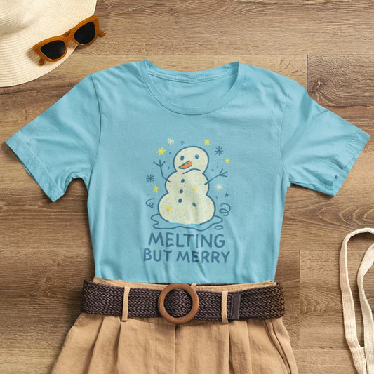 Melting But Merry – Cute Snowman Mental Health T-Shirt | Soft Holiday Humor Tee for Gentle Rebels
