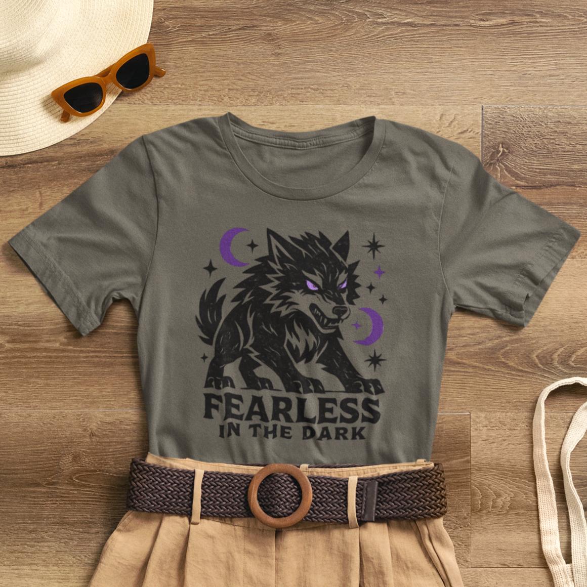 Fearless in the Dark – Moonlit Wolf T-Shirt, Mystic Creature Graphic Tee, Courage & Shadow Work Shirt