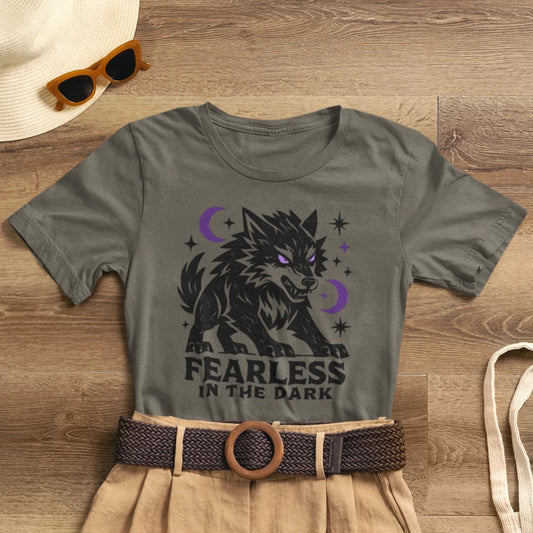 Fearless in the Dark – Moonlit Wolf T-Shirt, Mystic Creature Graphic Tee, Courage & Shadow Work Shirt