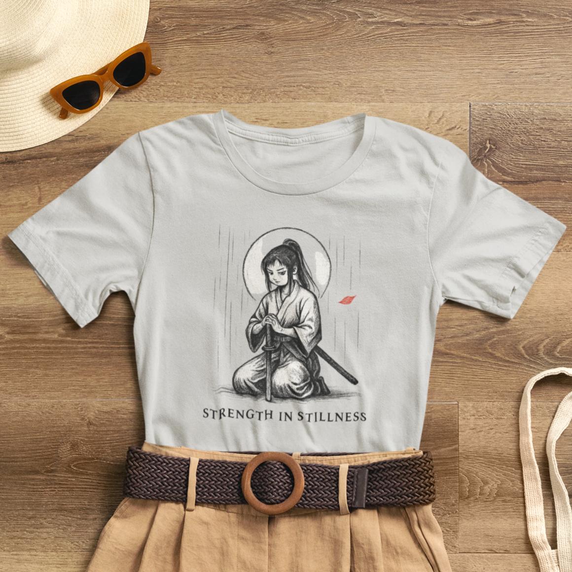 Strength in Stillness – Samurai Girl Meditation T-Shirt, Soft Warrior Graphic Tee, Anime Zen Art Shirt