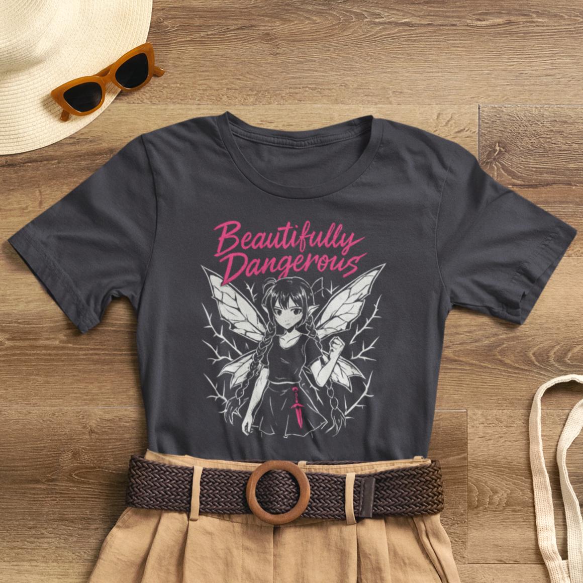 Beautifully Dangerous – Gothic Anime Fairy T-Shirt, Dark Angel Graphic Tee, Soft Rebel Aesthetic Shirt for Women