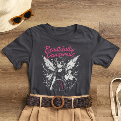 Beautifully Dangerous – Gothic Anime Fairy T-Shirt, Dark Angel Graphic Tee, Soft Rebel Aesthetic Shirt for Women