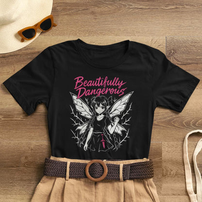 Beautifully Dangerous – Gothic Anime Fairy T-Shirt, Dark Angel Graphic Tee, Soft Rebel Aesthetic Shirt for Women