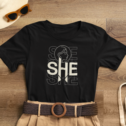 SHE Statement T-Shirt – Minimalist Feminist Graphic Tee – Modern Empowerment Shirt for Women