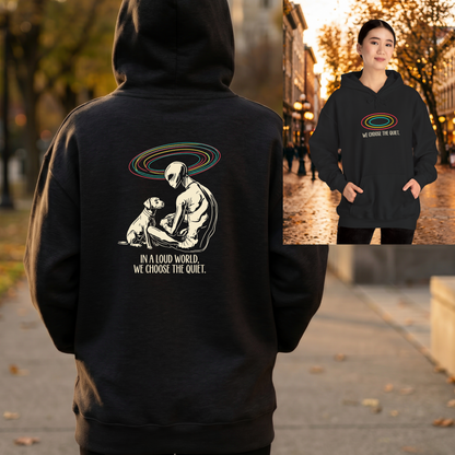 Alien and dog hoodie with front and back prints, space alien design, cozy casual wear, perfect for dog moms and introverts.