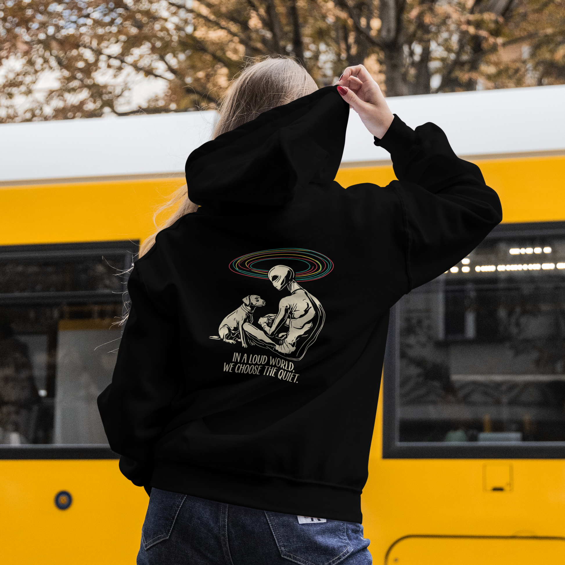 Alien and dog hoodie with front and back prints, space-themed design, perfect for dog moms and introverts, by Printify.