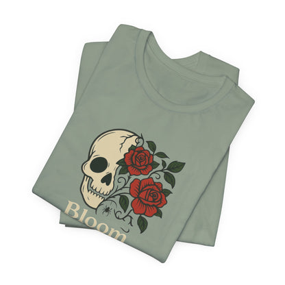 Bloom Through Shadows T-Shirt – Gothic Skull with Roses Empowerment Tee