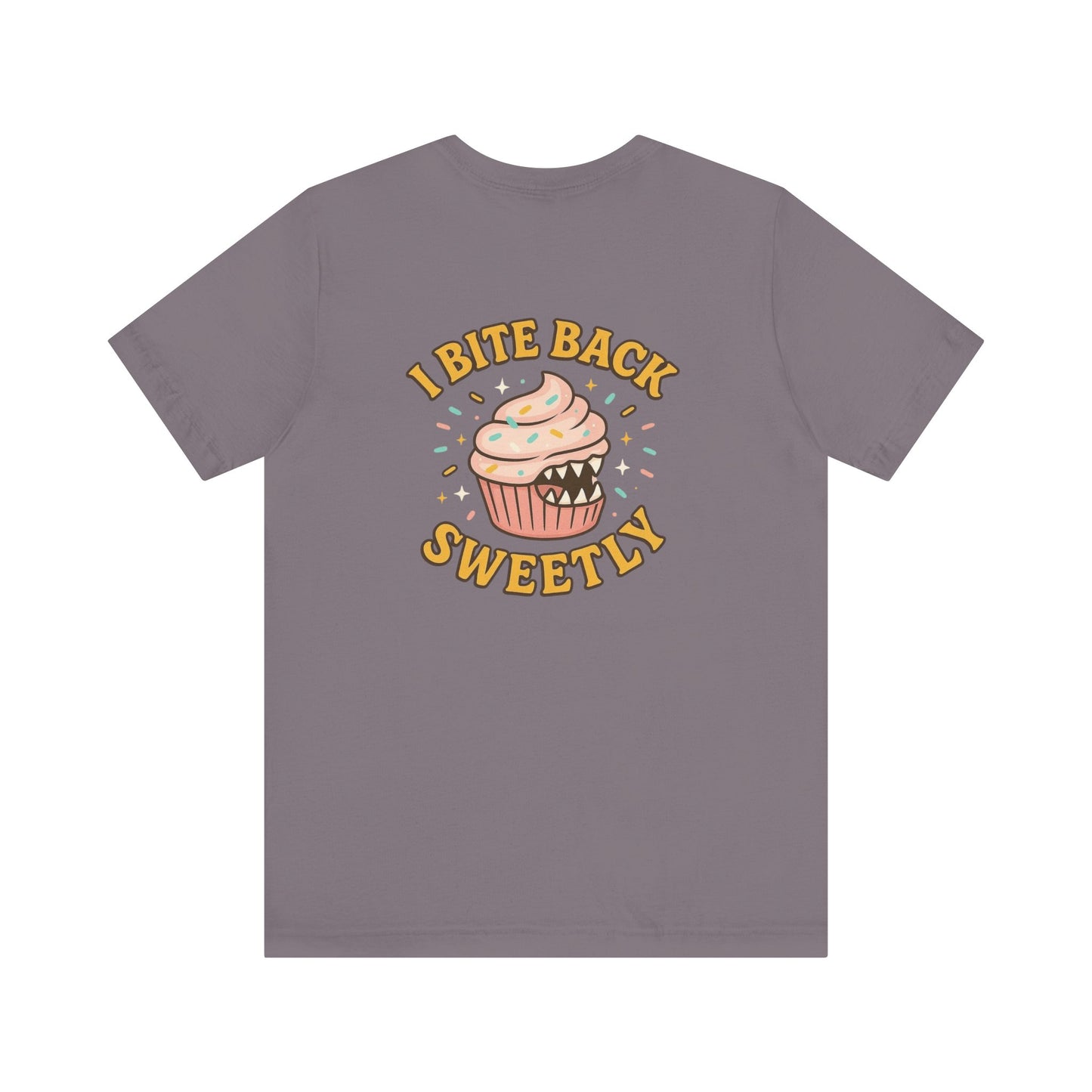 “I Bite Back Sweetly” Cupcake Shirt – Funny Feminine Sass Graphic Tee (Front & Back Print)