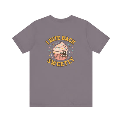 “I Bite Back Sweetly” Cupcake Shirt – Funny Feminine Sass Graphic Tee (Front & Back Print)