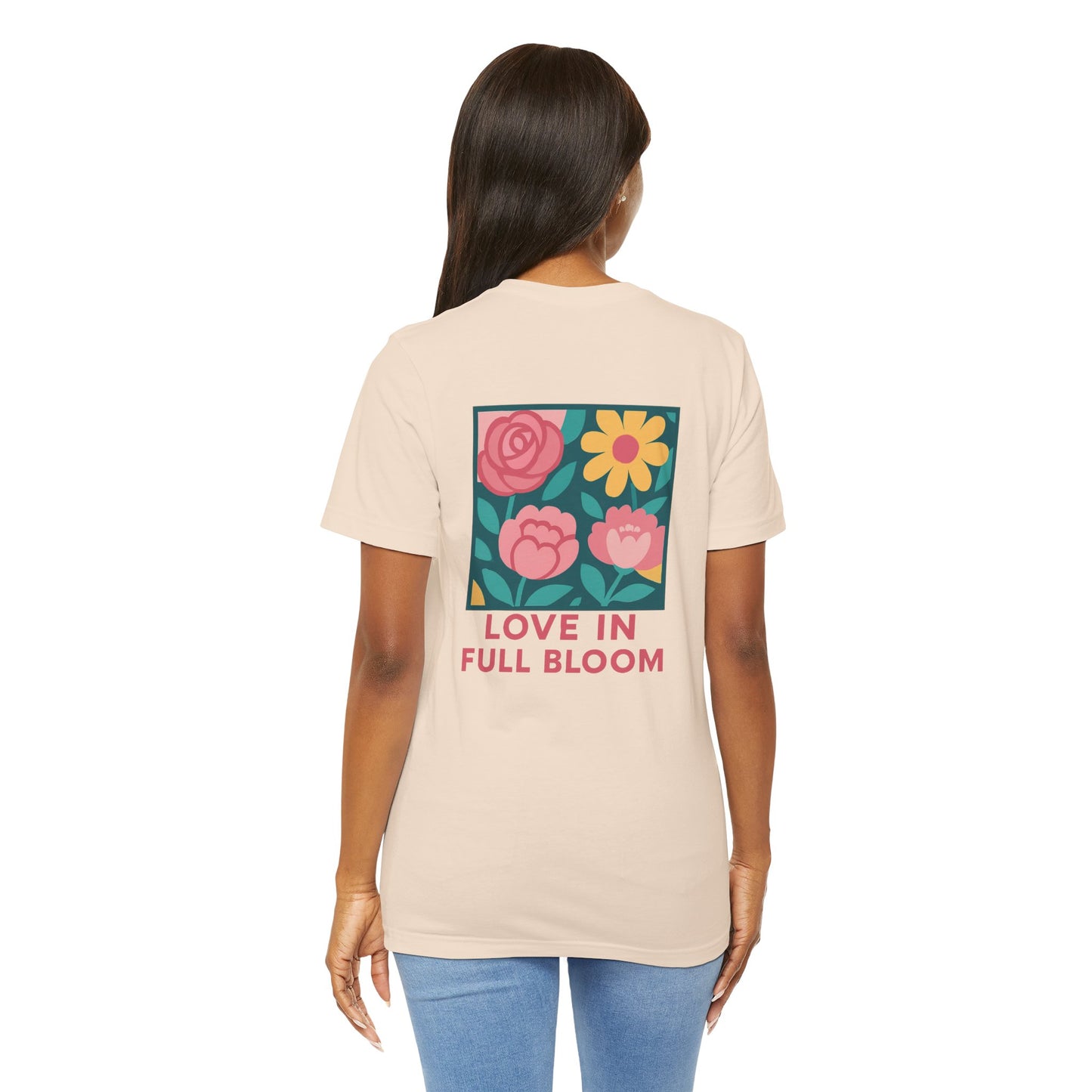 Love in Full Bloom T-Shirt – Retro Floral Graphic Tee with Front Rose & Back Flower Design – Positive Vibes Shirt