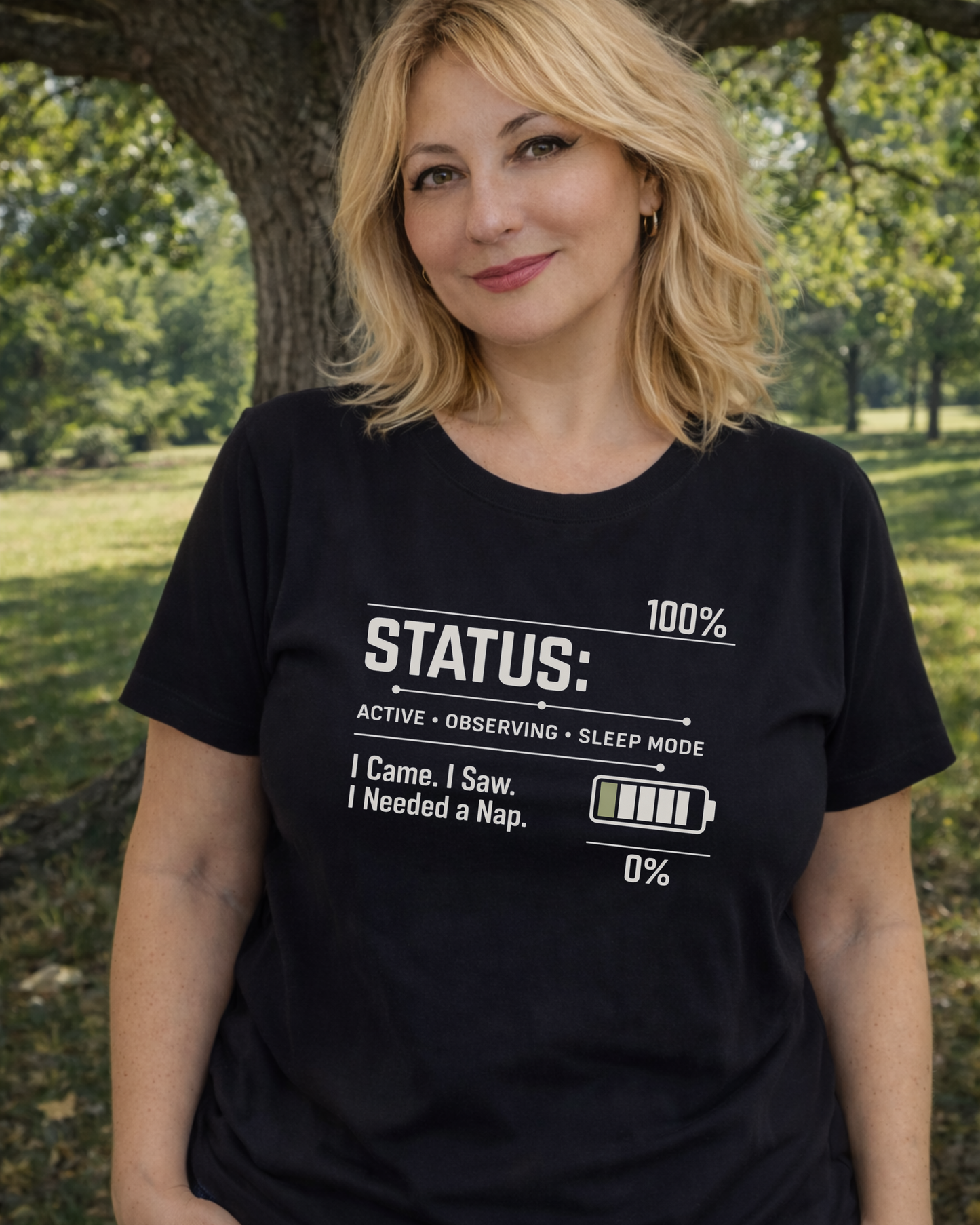 Status 100% Nap Mode T-Shirt – Funny Introvert Battery Graphic Tee – I Came I Saw I Needed a Nap Shirt