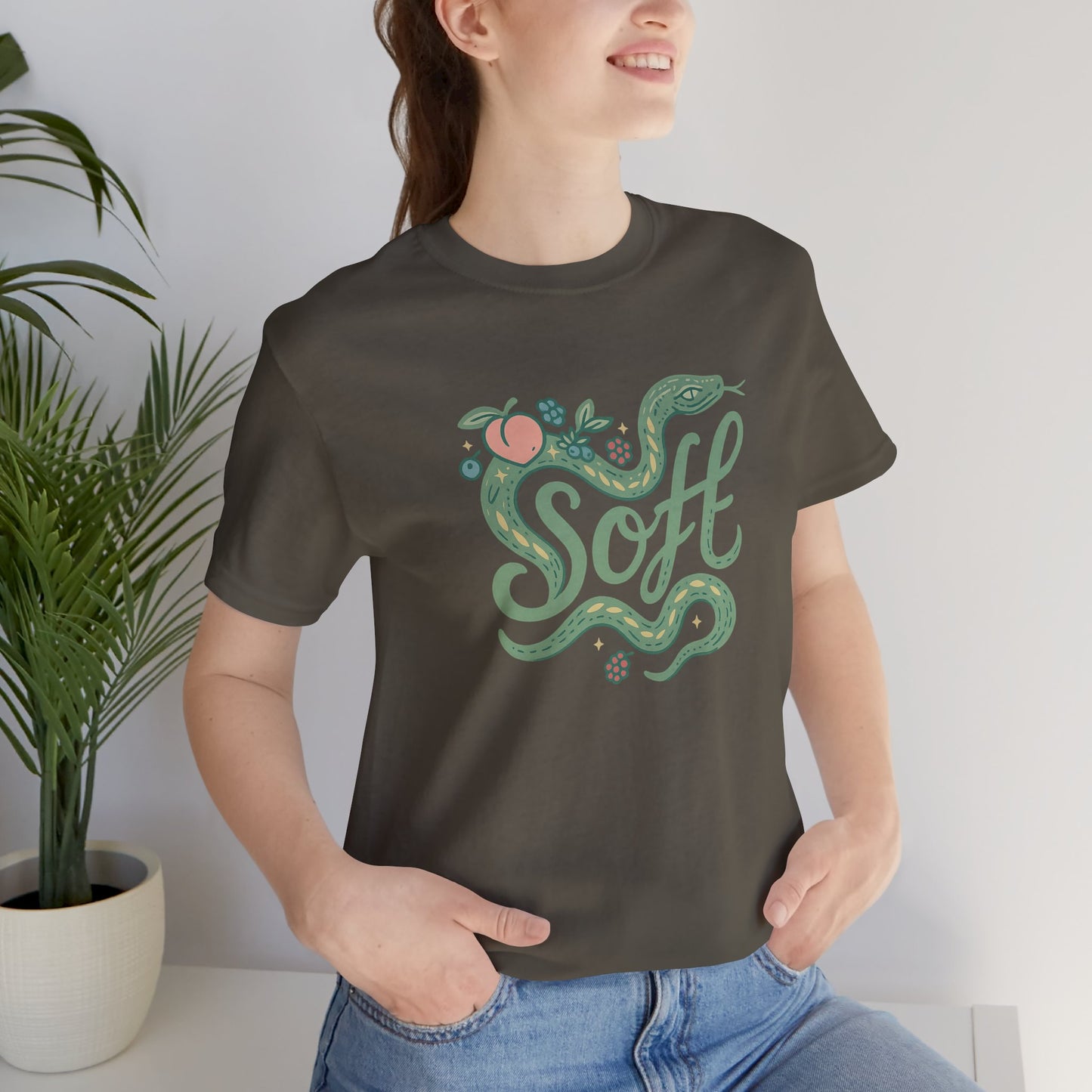 Soft Snake Graphic Tee – Mystical Nature-Inspired Unisex Shirt, Botanical Serpent Design, Whimsical Eco Aesthetic