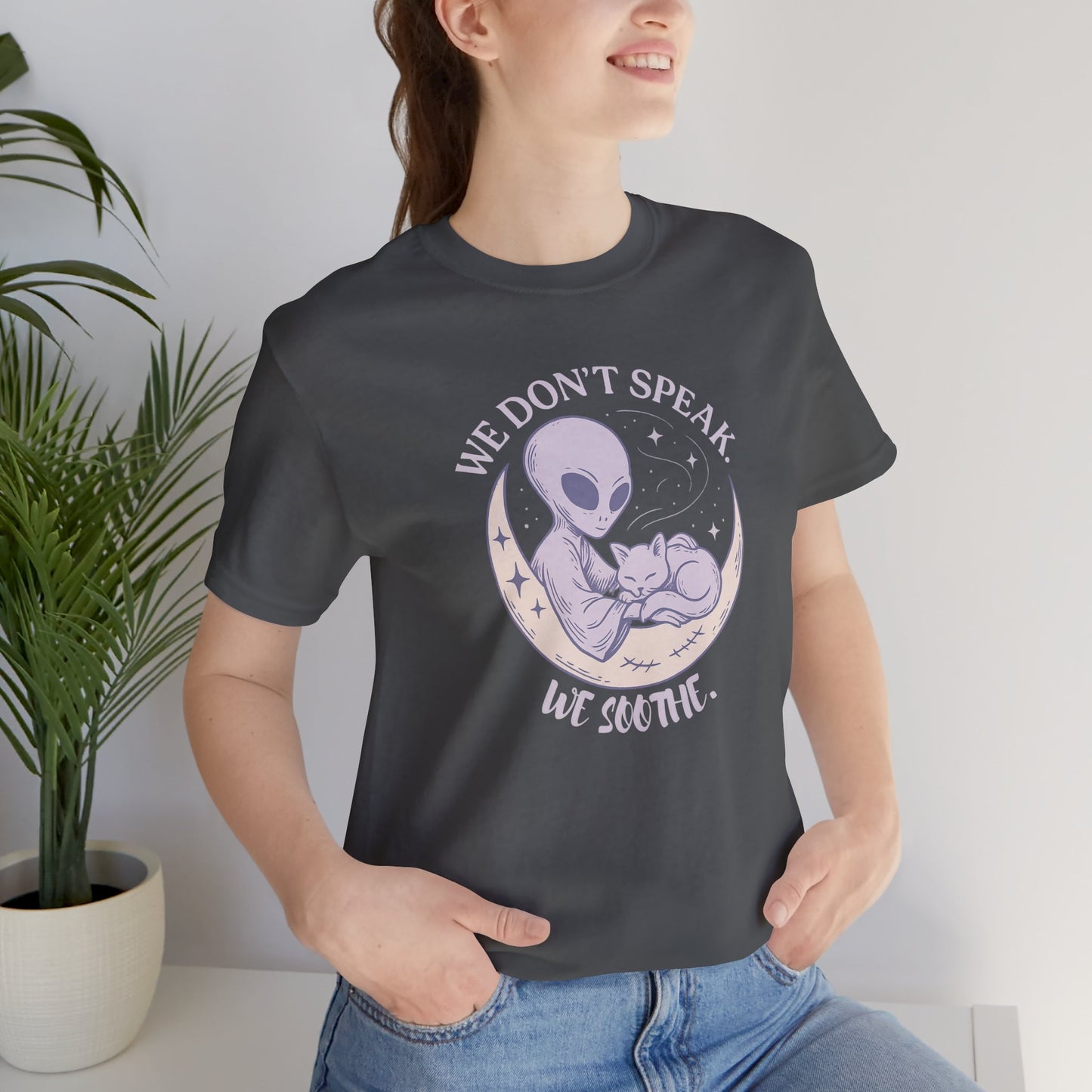 Alien & Cat Moon T-Shirt – We Don’t Speak, We Soothe | Cosmic Comfort Tee