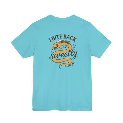 “I Bite Back Sweetly” Floral Snake Shirt – Front & Back Baby Blue Tee with Vintage Garden Print