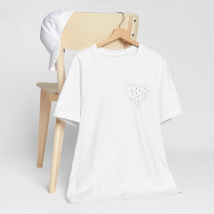 Cosmic Heart Pocket Tee – Minimalist Moon & Stars Graphic T-Shirt | Unisex Spiritual Gift Top