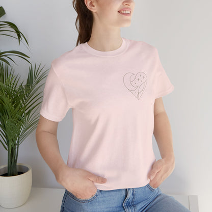 Cosmic Heart Pocket Tee – Minimalist Moon & Stars Graphic T-Shirt | Unisex Spiritual Gift Top