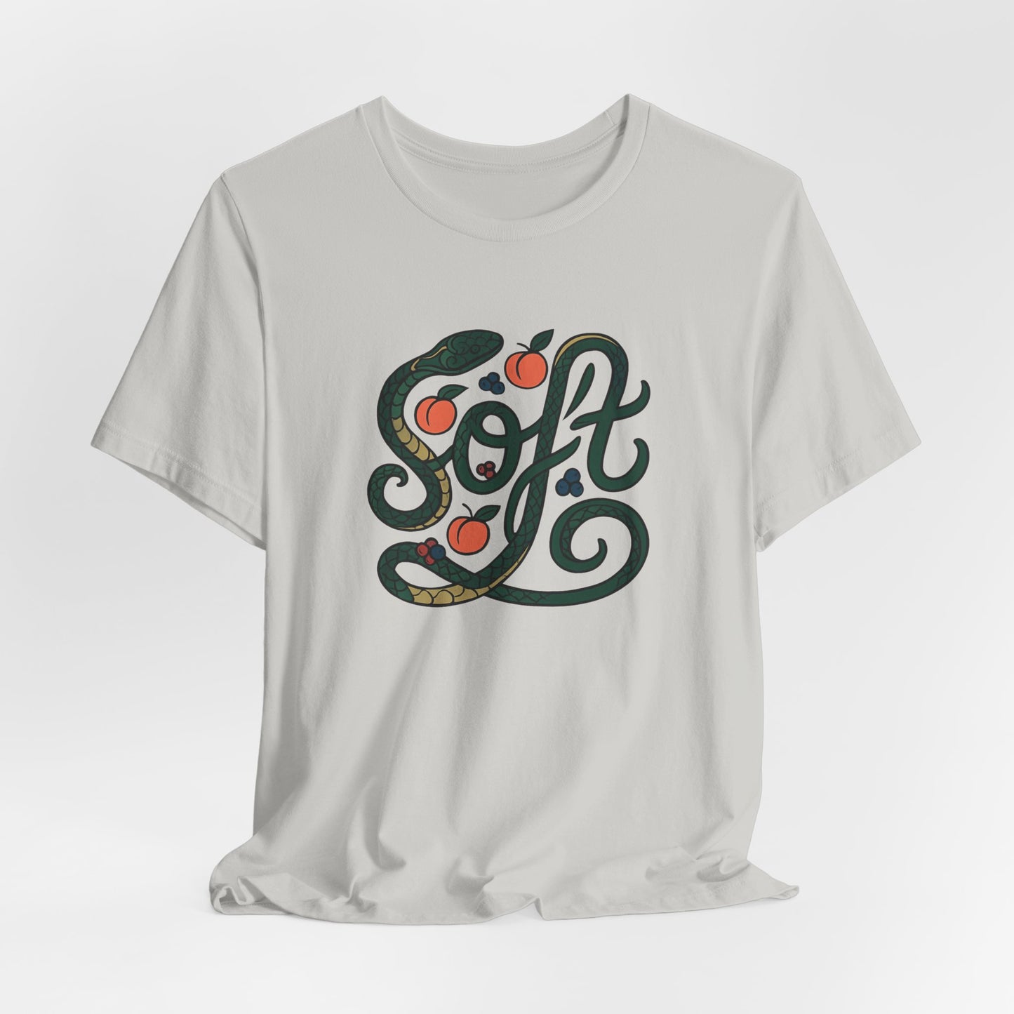 Soft Snake Typography T-Shirt – Serpent & Peach Swirl Design for Nature & Art Lovers