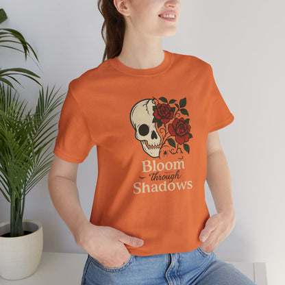 Bloom Through Shadows T-Shirt – Gothic Skull with Roses Empowerment Tee