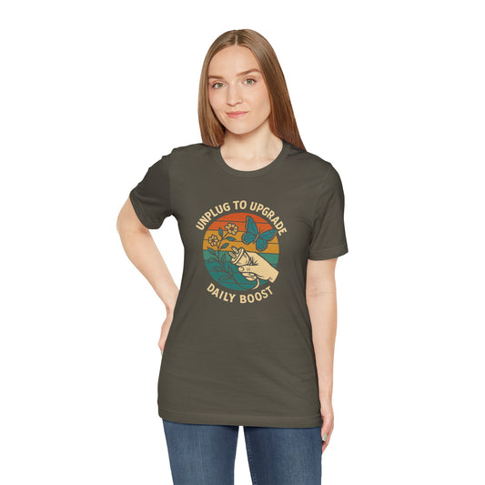 Unplug to Upgrade T-Shirt – Retro Nature & Butterfly Graphic Tee