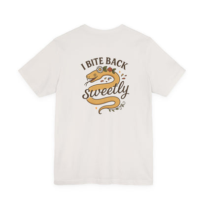 “I Bite Back Sweetly” Floral Snake Shirt – Front & Back Baby Blue Tee with Vintage Garden Print