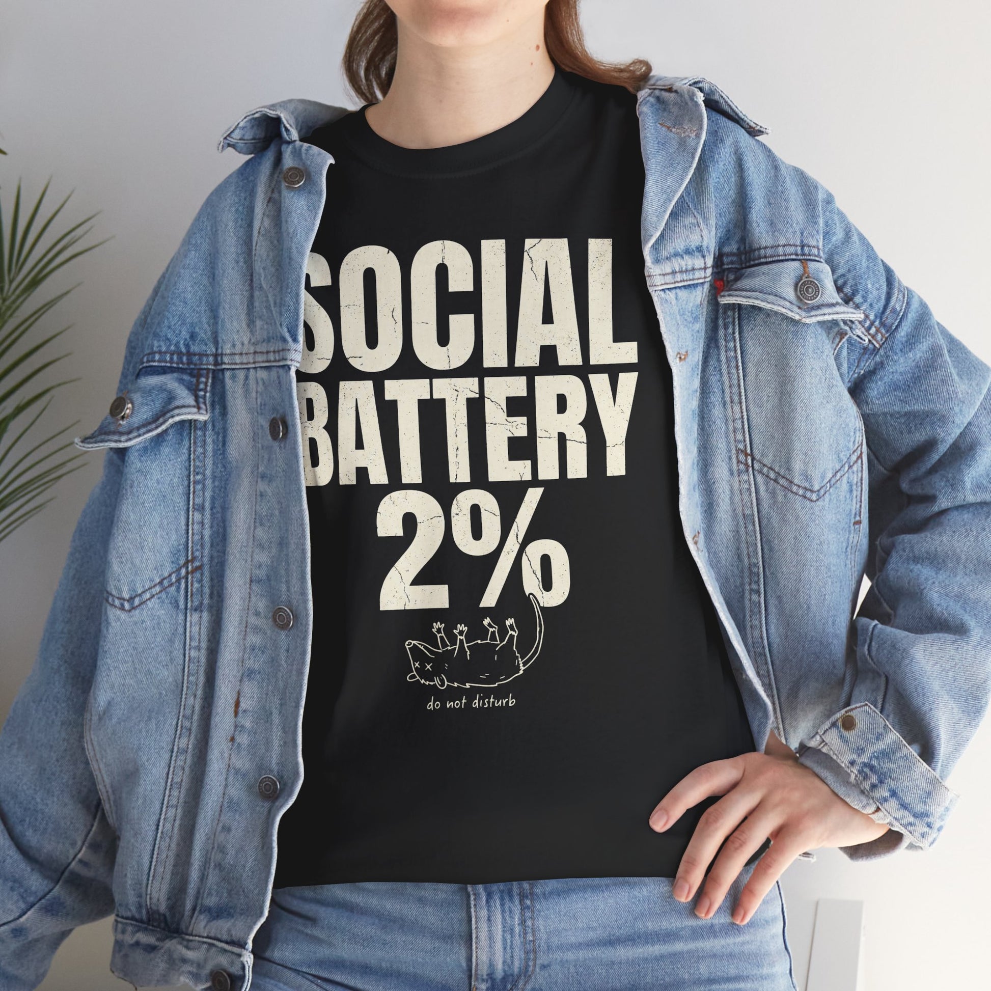 White Social Battery 2% Funny Introvert T-Shirt by Printify featuring humorous introvert graphic on front.