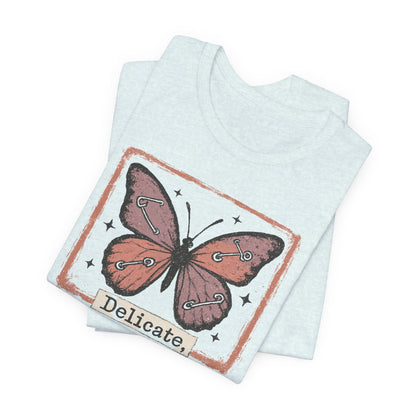 Delicate Not Breakable Butterfly Pocket Tee – Minimalist Affirmation T-Shirt, Self Love & Resilience Quote Shirt