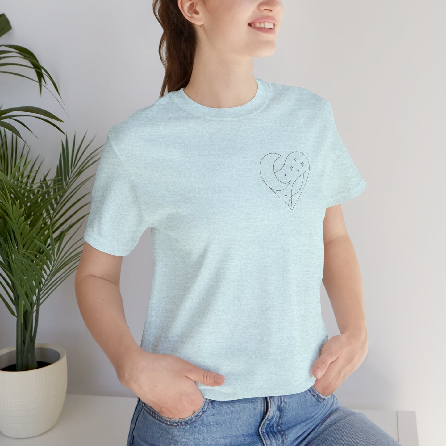 Cosmic Heart Pocket Tee – Minimalist Moon & Stars Graphic T-Shirt | Unisex Spiritual Gift Top