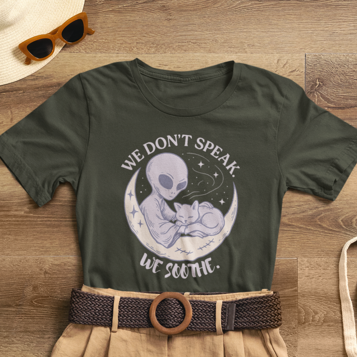 Alien & Cat Moon T-Shirt – We Don’t Speak, We Soothe | Cosmic Comfort Tee
