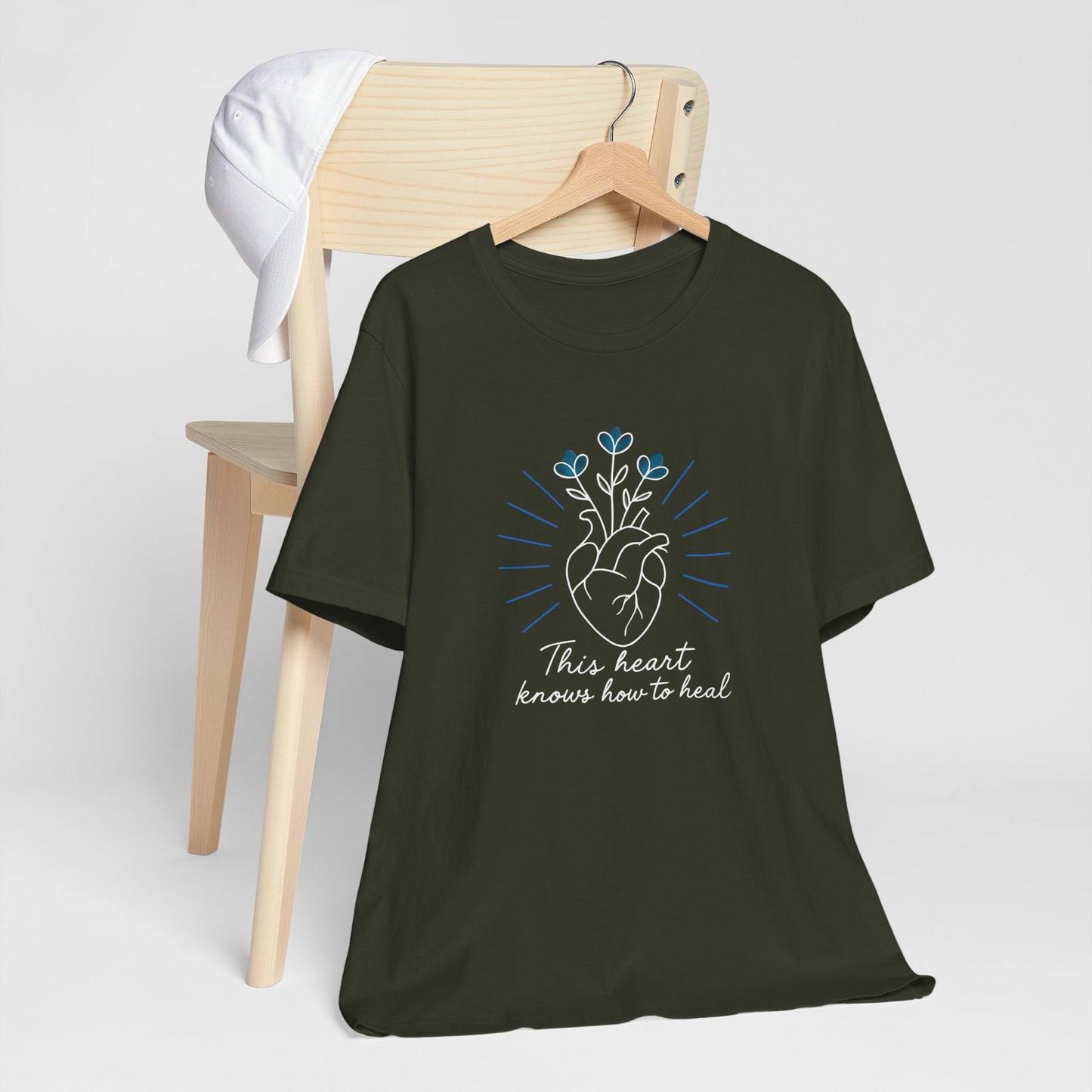 Healing Heart Tee – Radiant Blue Heart & Florals on Black | Spirit Stitch