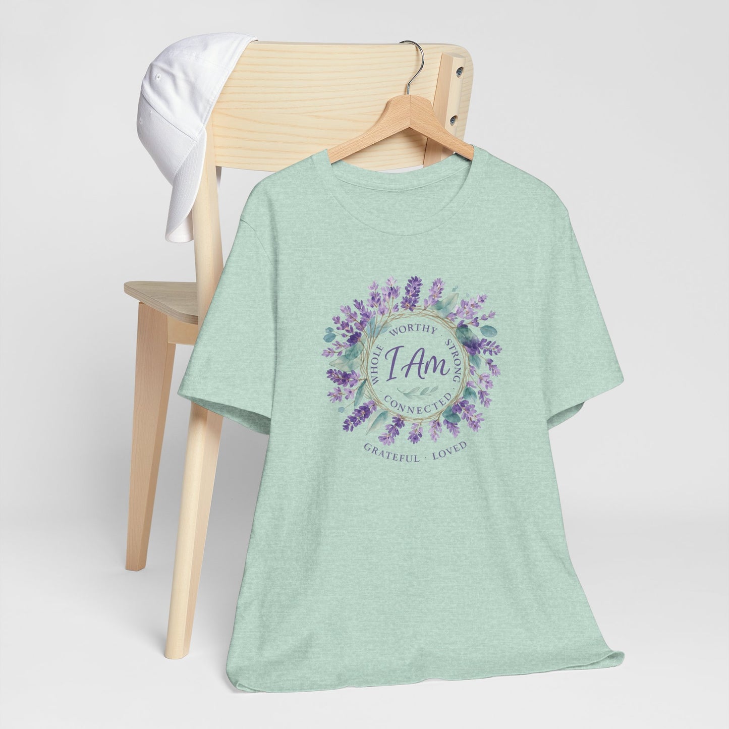 I Am Affirmation T-Shirt – Lavender Wreath Self-Love Tee