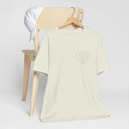 Cosmic Heart Pocket Tee – Minimalist Moon & Stars Graphic T-Shirt | Unisex Spiritual Gift Top