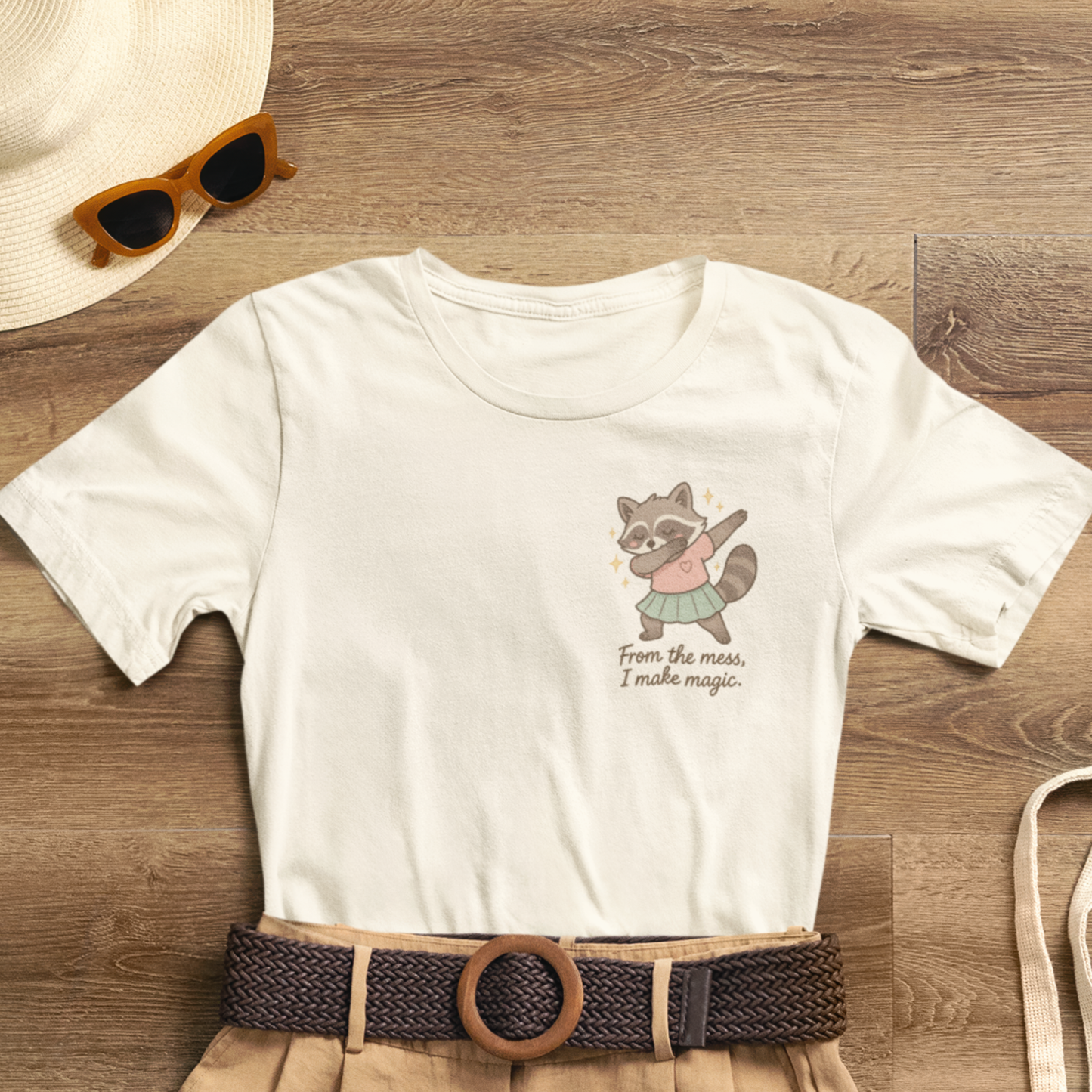 From the Mess I Make Magic Shirt – Cute Raccoon Pocket Tee | Positive Affirmation Animal Graphic T-Shirt